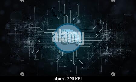 Human brain symbolic for AI Artificial Intelligence centered into information connecting lines on dark background - abstract cyber technology Stock Photo