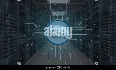 Human brain symbolic for AI Artificial Intelligence centered into information connecting lines on data server room background - abstract cyber techno Stock Photo