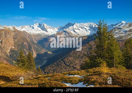 Mountain landscape on the Padauner Kogl in autumn, in background the peaks Olperer, Fussstein, Schrammacher and the Hohe Wand. Tyrol, Austria Stock Photo