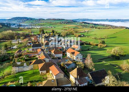 Amazing drone shot of small village like town located in isolation from the rest of the fast paced world in the silence of the nature's harmony. Stock Photo