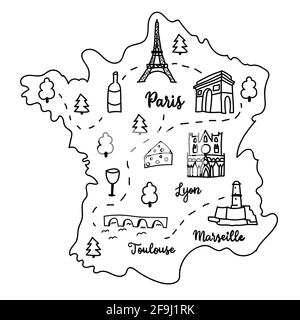 hand drawn doodle illustrated map of France with famous landmarks, trees, national symbols. Vector illustration isolated on white background Stock Vector
