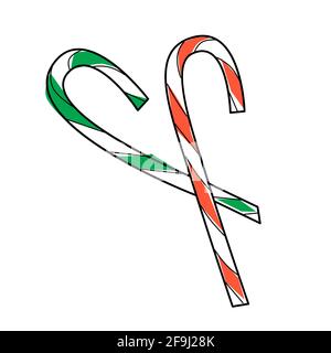 hand drawn red and green strips candy cane with black outline vector illustration Stock Vector