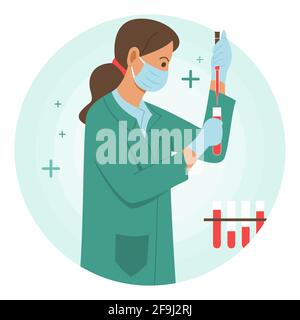 Female Scientist Test Some Chemical in Glass Test Tubes. Stock Vector