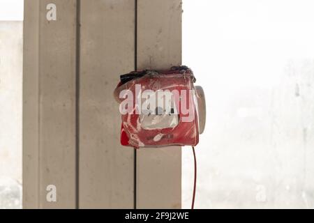 burnt fire alarm on window with traces of fire, soot. accident and fire insurance concept. close-up. horizontal image Stock Photo