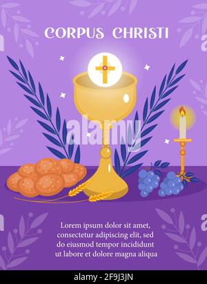 Corpus Christi Catholic religious holiday greeting card, template for your design. Feast Day, cross, bread, grapes. Vector illustration Stock Vector