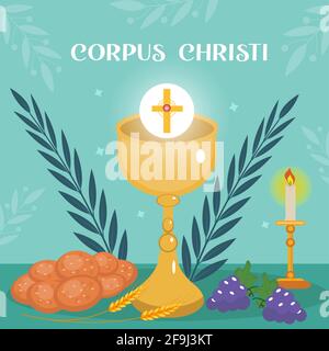 Corpus Christi Catholic religious holiday greeting card, template for your design. Feast Day, cross, bread, grapes. Vector illustration Stock Vector