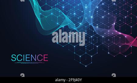 Molecular structure background. Science template wallpaper or banner with a DNA molecules. Asbtract scientific molecule background. Wave flow Stock Vector