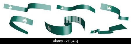 Set of holiday ribbons. Macau flag waving in wind. Separation into lower and upper layers. Design element. Vector on white background Stock Vector