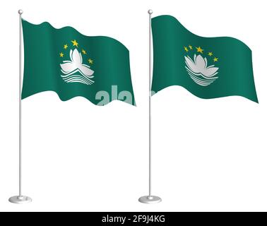 flag Macau on flagpole waving in wind. Holiday design element. Checkpoint for map symbols. Isolated vector on white background Stock Vector
