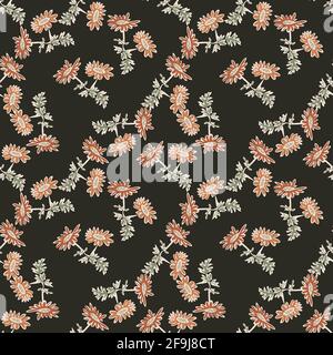 Chrysanthemum flowers drawing, bloom in brown colors, floral seamless pattern, nature abstract background vector. Line art botanical illustration grap Stock Vector