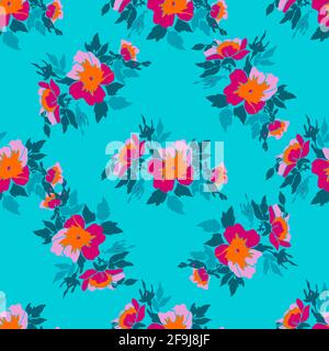 Drawing branches with flowers roses, bloom in pink colors, floral seamless pattern, nature abstract background vector.Line art botanical illustration Stock Vector