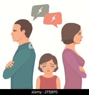 angry couple fight, parents divorce, sad child crying, family vector illustration Stock Vector