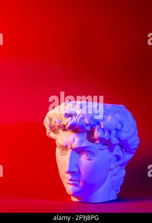 Gypsum statue of David's head. Michelangelo's David statue plaster copy. Stock Photo