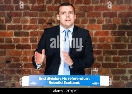 Glasgow, Scotland, UK. 19 April 2021. Douglas Ross, Leader of Scottish Conservatives , presents his party’s manifesto via live streaming for the upcoming Scottish elections . Iain Masterton/Alamy Live News Stock Photo