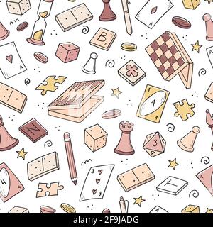 Hand drawn seamless pattern of board game element, cards, chess, hourglass, chips, dice, dominoes. Doodle sketch style. Isolated vector illustration for for board game shop, store. Stock Vector