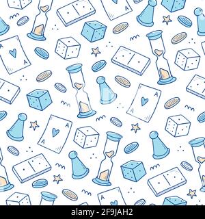 Hand drawn seamless pattern of board game element, cards, chess, hourglass, chips, dice, dominoes. Doodle sketch style. Isolated vector illustration for for board game shop, store. Stock Vector