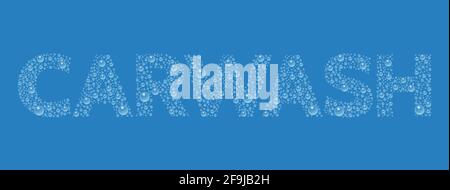 Text from droplets texture. Word Carwash. Vector realistic water drops condensed on blue background. Rain droplets without shadows for transparent sur Stock Vector
