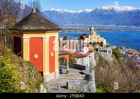 The Sacred Mount Madonna del Sasso (Our Lady of the Rock) on Lago Maggiore lake in Orselina, Locarno is the most important sanctuary in Ticino canton, Stock Photo