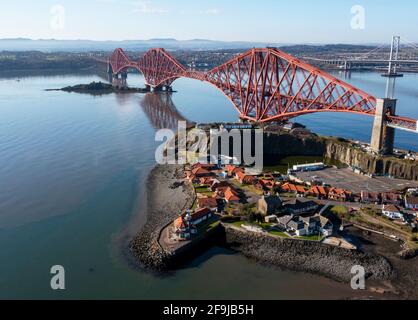Aerial view of the Forth Rail Bridge at North Queensferry. The bridge completed in 1889 spans the Firth of Forth between North and South Queensferry.