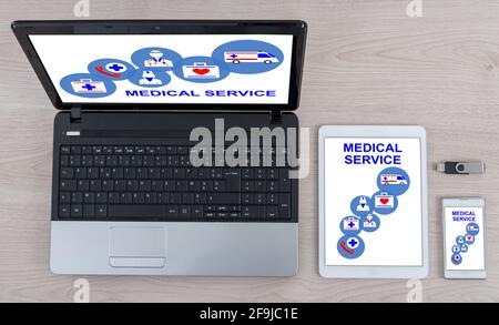 Medical service concept shown on different information technology devices Stock Photo