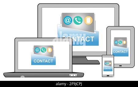 Contact concept shown on different information technology devices Stock Photo