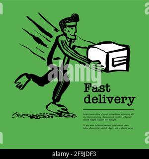 Delivery service concept. Web banner with a Delivery guy handing a box on a green background. Doodle ink style vector illustration Stock Vector