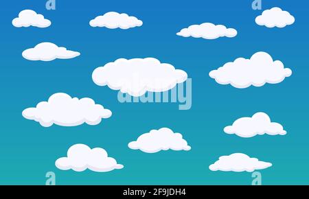 Different shape cartoon white clouds on blue background. Vector decoration element. Stock Vector