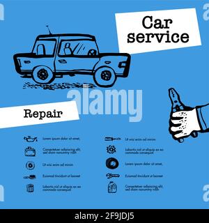 Car service concept. Car repair. Web banner with scene presents workers in car service, tire service, car repair, etc. Doodle ink style vector Stock Vector