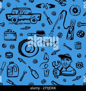 Car service seamless pattern. Blue seamless background with car part, tools, etc. Doodle ink style vector illustration. Stock Vector