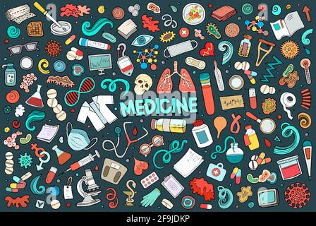 Colorful vector hand drawn doodle cartoon set of medicine theme items, objects and symbols Stock Vector