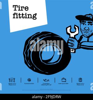 Car service concept. Web banner. Tire fitting, car service, tire service, car repair, etc. Doodle ink style vector illustration Stock Vector