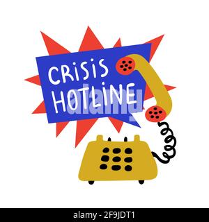 Psychology. Crisis hotline, Support call, psychological help. Yellow hand-drawn phone with rad and blue speech bubble. Doodle style flat vector Stock Vector
