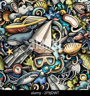 Cartoon doodles Diving seamless pattern. Backdrop with snorkeling symbols and items. Colorful detailed background for print on fabric, textile, phone Stock Vector
