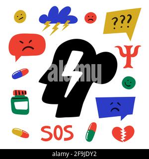 Psychology. Psychological help. Set of hand-drawn icons on the theme of psychology. Psychology, brain, and mental health vector icons or logos set Stock Vector
