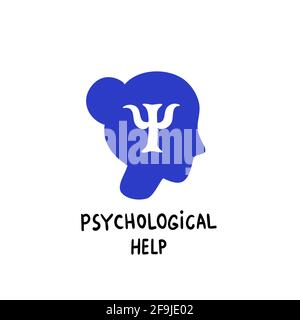 Psychology. Psychological help. Female head profile with Psi letter inside.Brain and mental health vector icon or logo. Doodle style flat vector illus Stock Vector