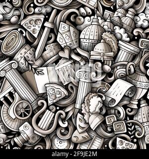 Cartoon doodles Italy seamless pattern. Backdrop with Italian culture symbols and items. Monochrome detailed, with lots of objects background for prin Stock Vector