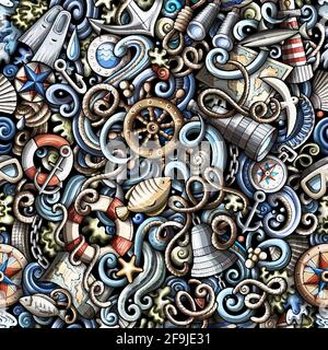 Cartoon doodles Nautical seamless pattern. Backdrop with maritime symbols and items. Colorful detailed background for print on fabric, textile, phone Stock Vector