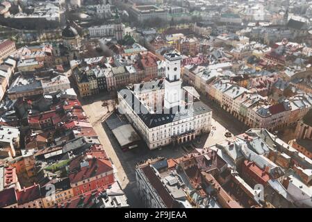 Lviv, Ukraine - April 15, 2021: Aerial view of the Market Square in the Old Town of Lviv, Ukraine. Town hall and Market Square Stock Photo