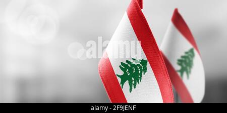 Small national flags of the Lebanon on a light blurry background Stock Photo