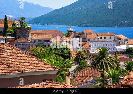 Red tiled roofs of the historical Old town of Herceg Novi, Kotor bay, Montenegro Stock Photo