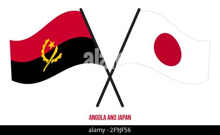 Angola and Japan Flags Crossed And Waving Flat Style. Official Proportion. Correct Colors. Stock Vector
