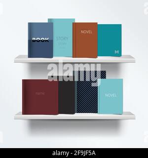 Bookshelf. Front view of books cover standing on grey background with shadows. Vector illustration. Stock Vector