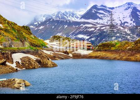 Grimsel mountain pass in the Bernese Alps, one of the highest passes in Switzerland, starting poing of the Furka road Stock Photo