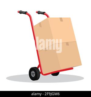 Hand truck and cardboard boxes with purchases or post package. Flat and solid color vector illustration. Stock Vector