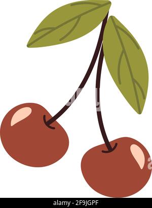 Cherry with stem and leaves. Summer ripe berry. Cherry red with a green leaf. Close up on isolated background. Vector stock illustration in flat style Stock Vector