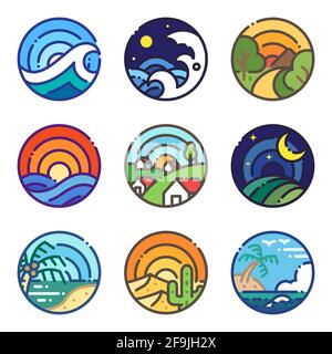Landscape travel scene view colored line icon. Holiday trip illustration flat design style round shape. Stock Vector