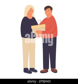 happy people. Give each other gifts. A woman gives a man a gift. The guy gives the girl a present. Holiday surprise. Celebrating Christmas. Charity Stock Vector