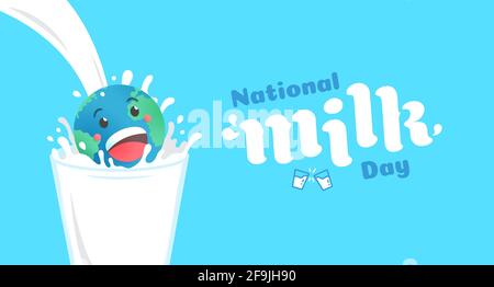 National milk day flat design vector illustration.World smiling and cheerful cartoon jumping on a glass of pouring splahing milk to join the celebrati Stock Vector