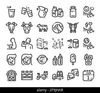 Milk icon linear style vector set. Dairy farm and world milk day celebration. Stock Vector