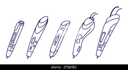 Outline set of different 3d pens. Icons of three-dimension doodlers for kids, contour stroke style. Vector isolated objects on white background Stock Vector